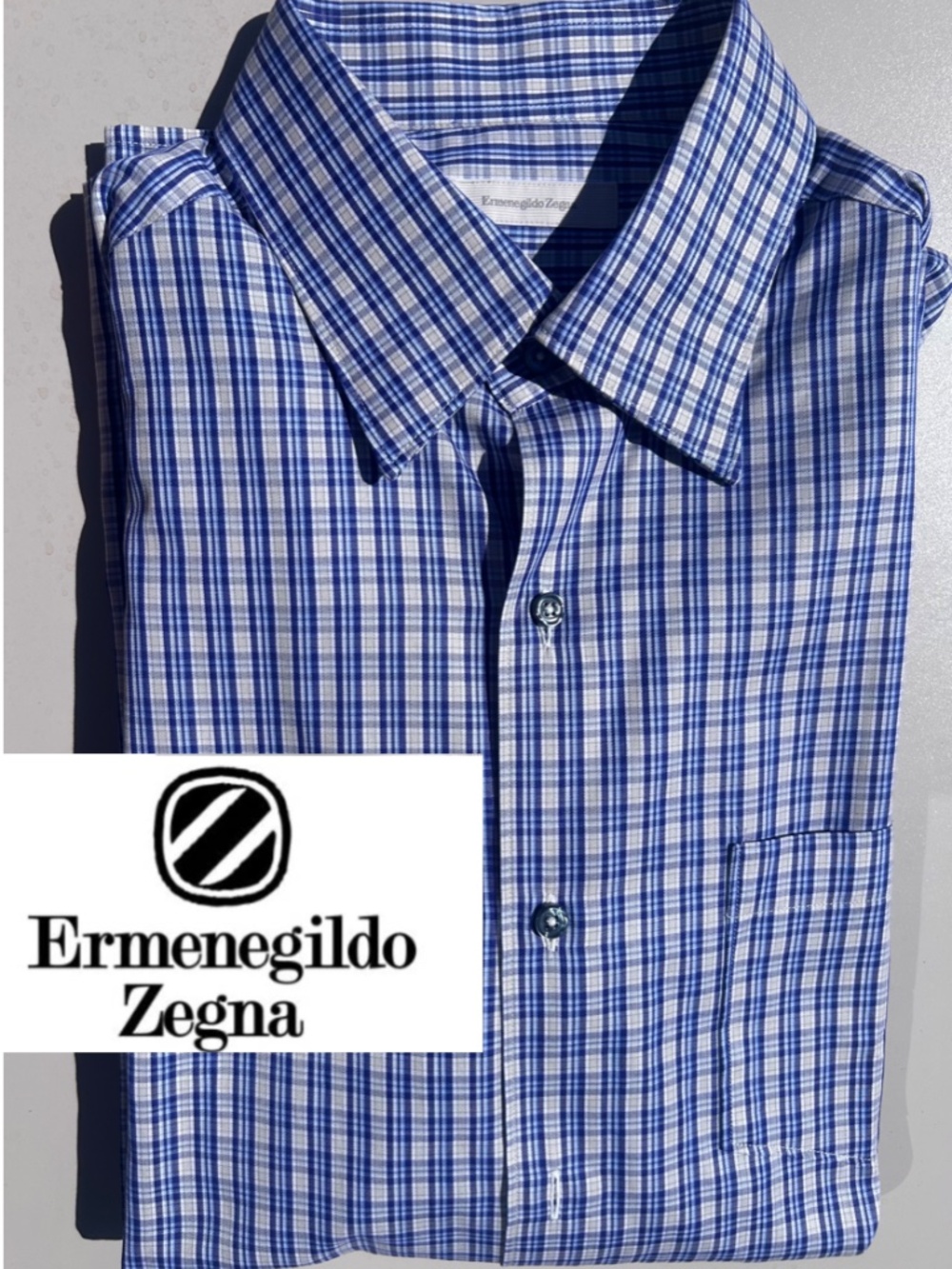 Ermenegildo Zegna Blue and White Checked Men’s XL Dress Shirt